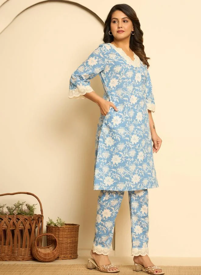 KASYA Blue Cotton Printed Co-Ord Set
